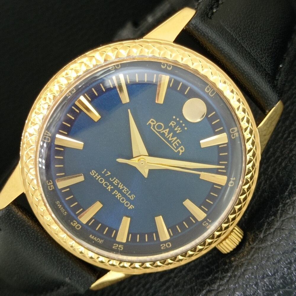 Vintage 1974 Roamer Manual Mens Gold Watch W/Leather Strap & Blue accents